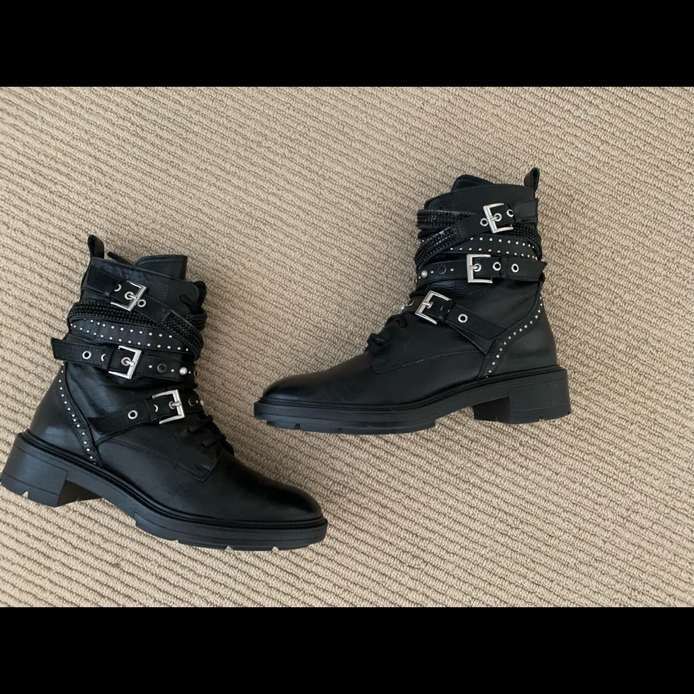 Zara black leather combat boots with Pearl detail and buckles.